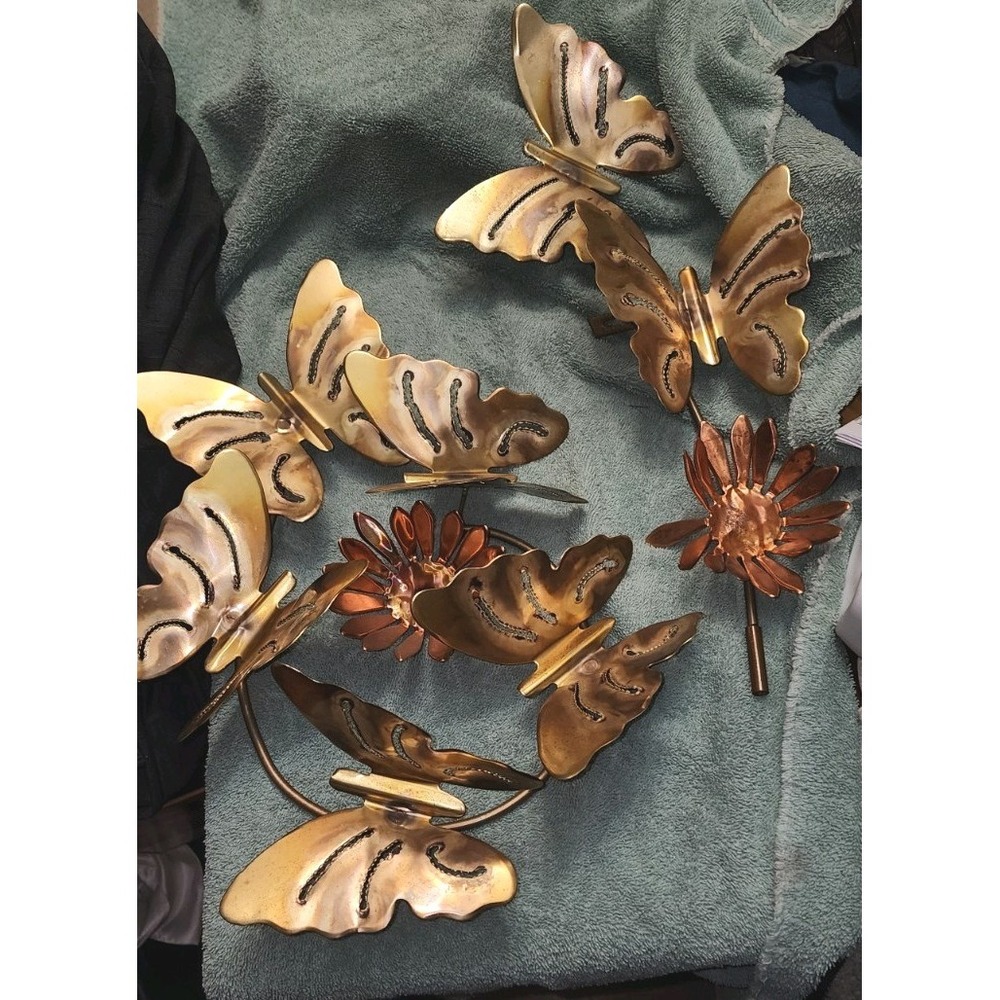 Vintage Brass & Copper Butterfly & Daisy 2 Pc. Wall Art Mid-Century Decor 15"